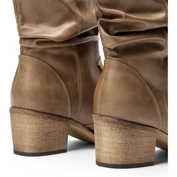 Women's Brown Modern Cowboy Boots Mid Calf Round Toe Chunky Heel Ankle Boots - Picture 3 of 7